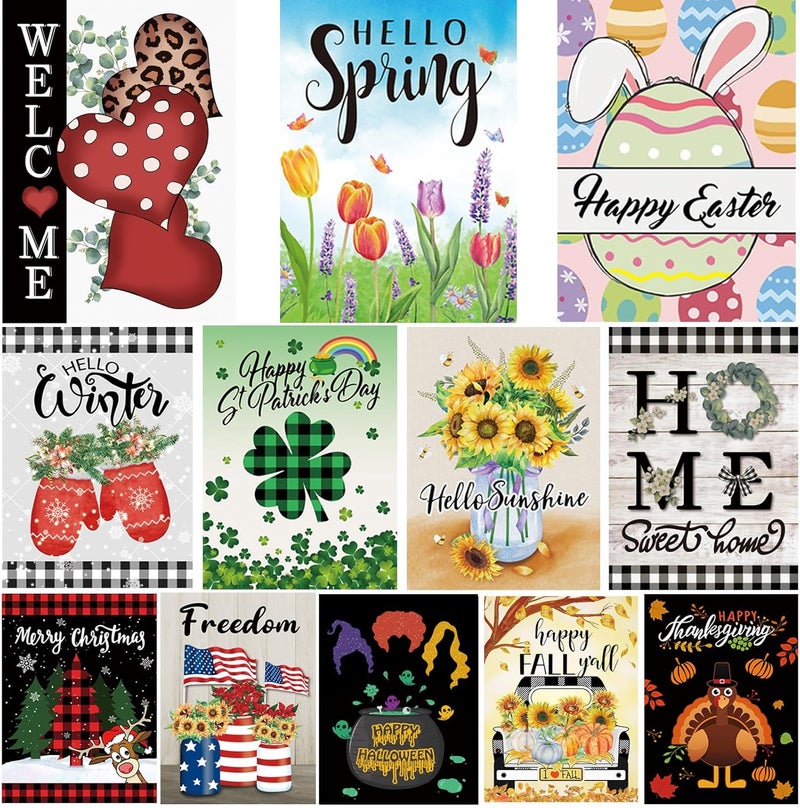 Pating Seasonal Garden Flags Set of 12 Double Sided 12 x 18 Inch, Small Yard Flags for Outside, Christmas Halloween Easter Valentine's Day Outdoor Decor, Holiday Garden Decorations for All Seasons - Image 1
